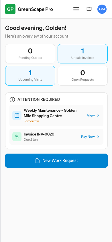 The YardPilot client portal with a Pay Now link