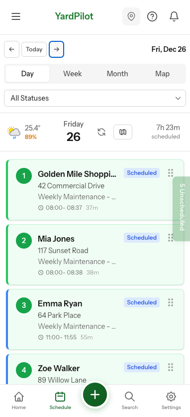 The YardPilot schedule on a phone